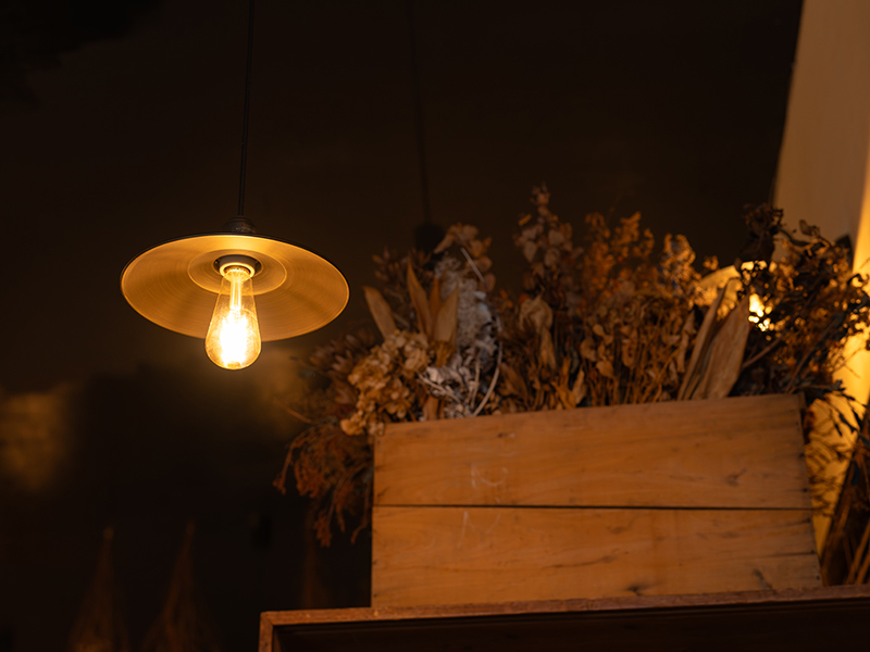 NANAMARUNI COFFEE店内の照明とドライフラワーのインテリア