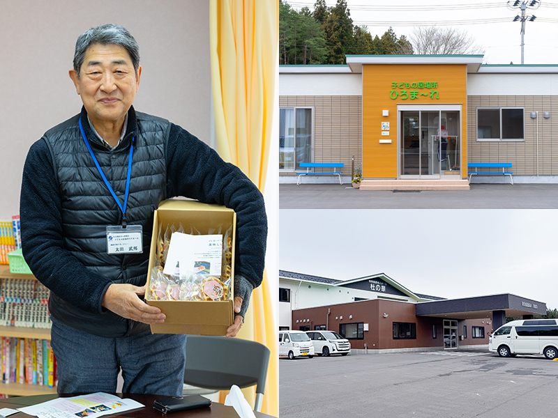 左側は寄付されたハニーワッフルを持つひろま~れの太田様、右側は子どもの居場所ひろま~れの外観と関連施設の外観写真