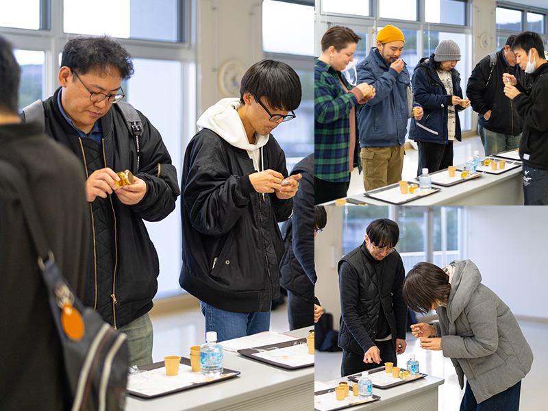 講習会の参加者が、並べられた数種類のはちみつを真剣にテイスティングしている様子